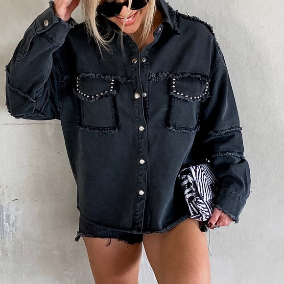 Studded Peace Sign Twill Jacket - Black - Picture 3 of 6